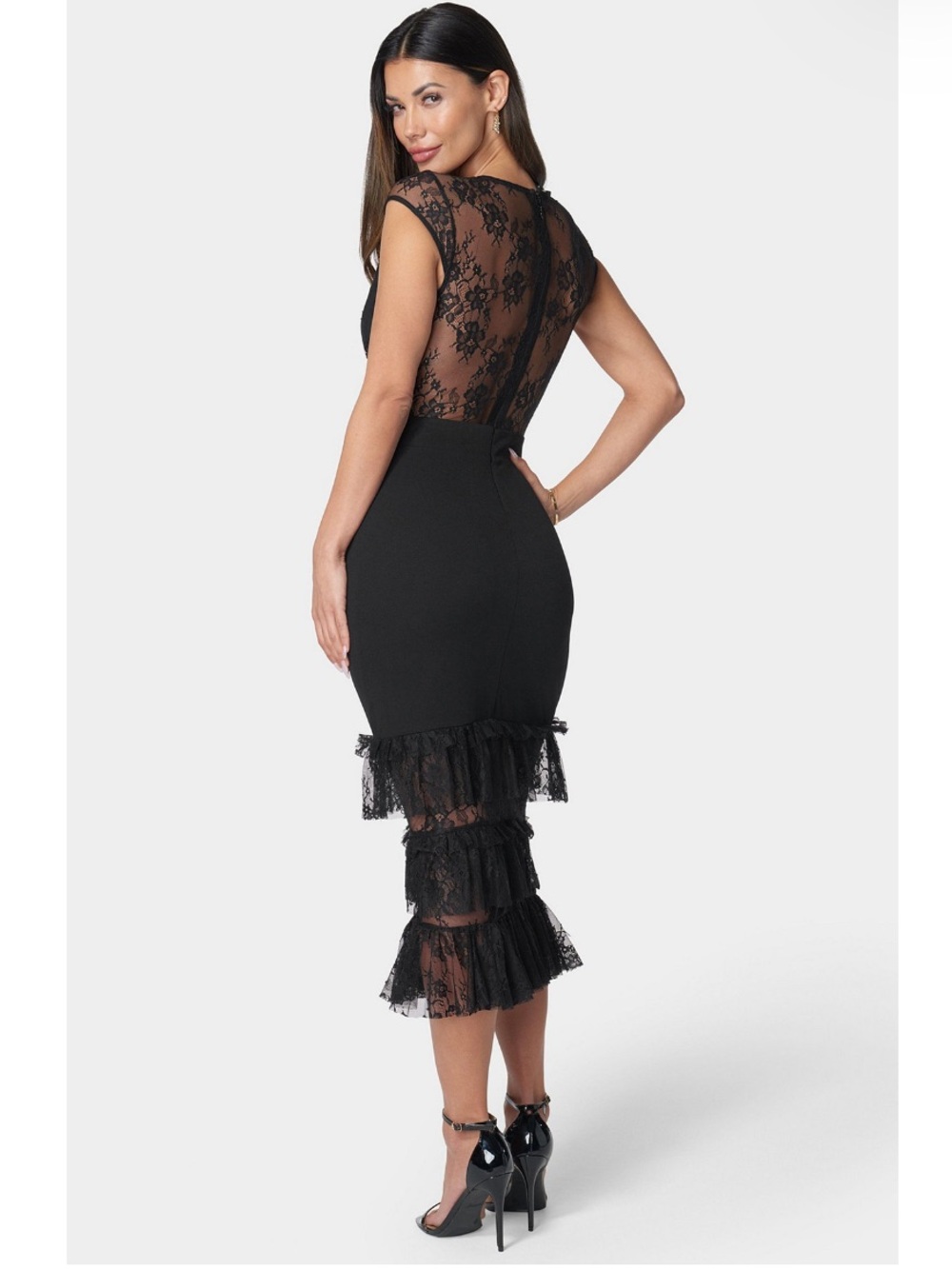 bebe Black Lace Tiered Midi Dress